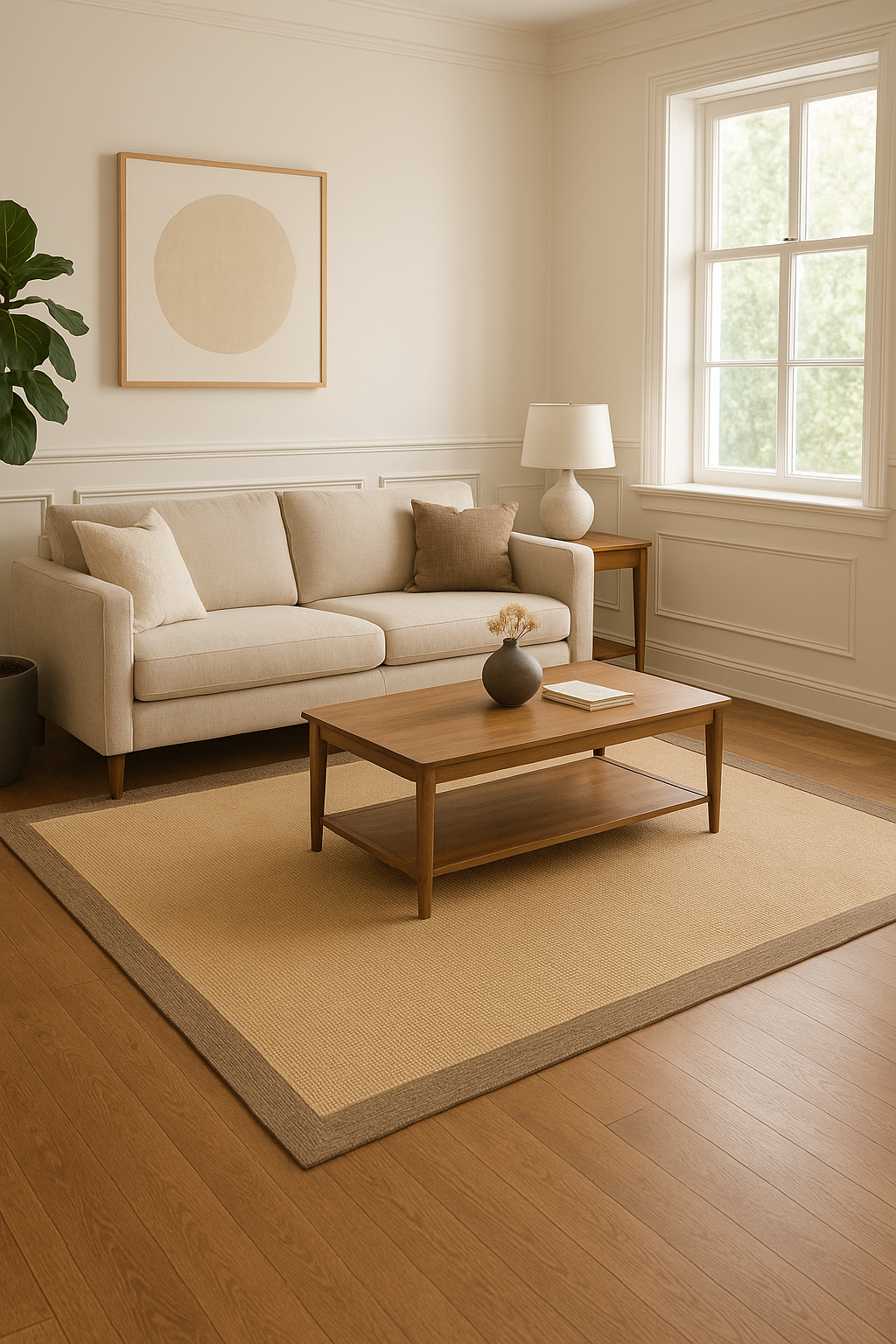 Asia Sand – Stilren Vävd Matta i Beige Toner med Kontrastkant i Naturbrunt