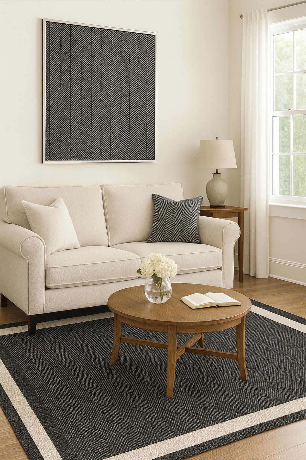 Asia Nattgrafit – Mörk Vävd Matta med Chevronmönster och Elegant Kant i Grafitgrå