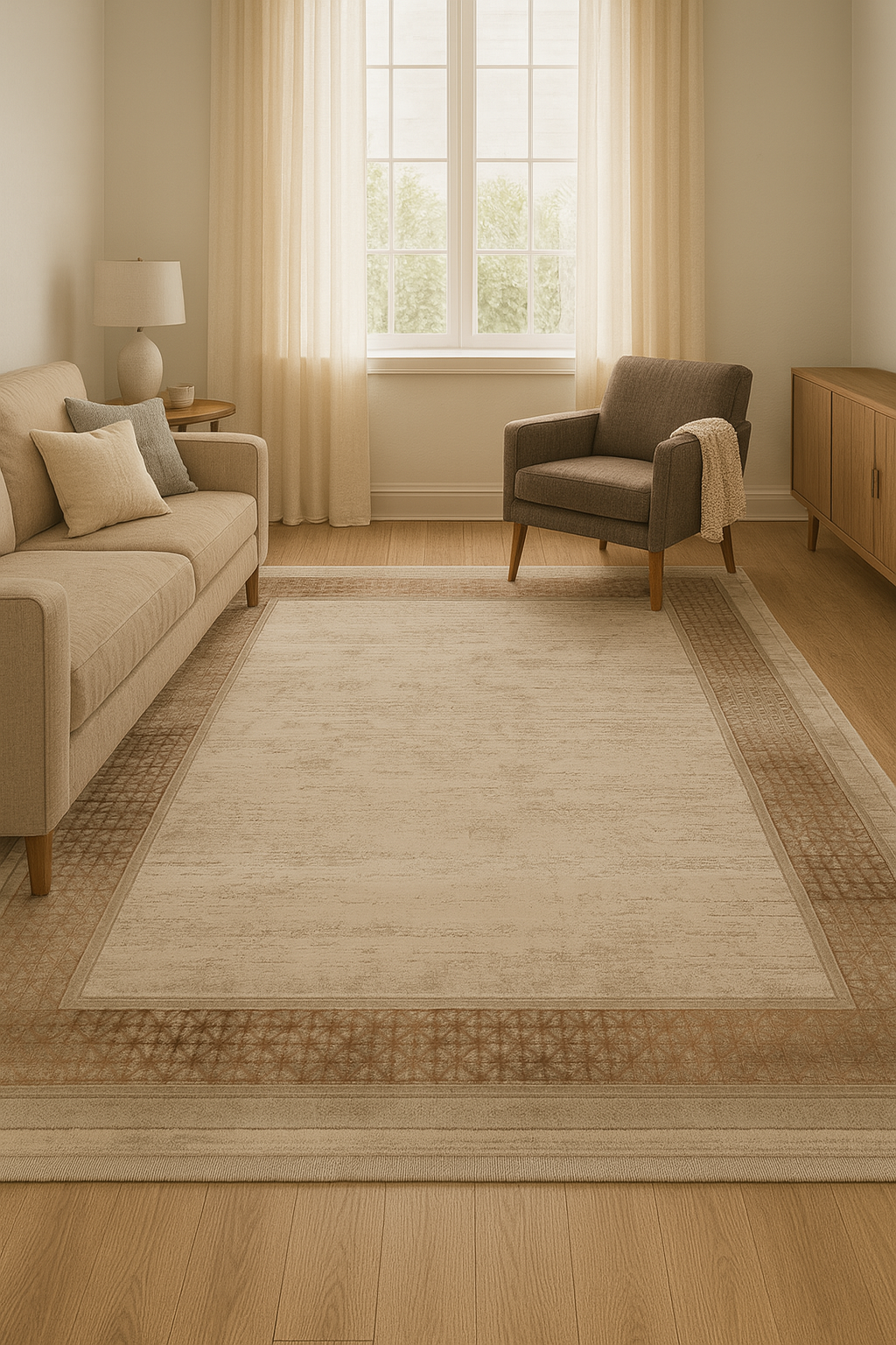 Picasso Sand - Ljus och stilren matta med varm sandfärgad ram