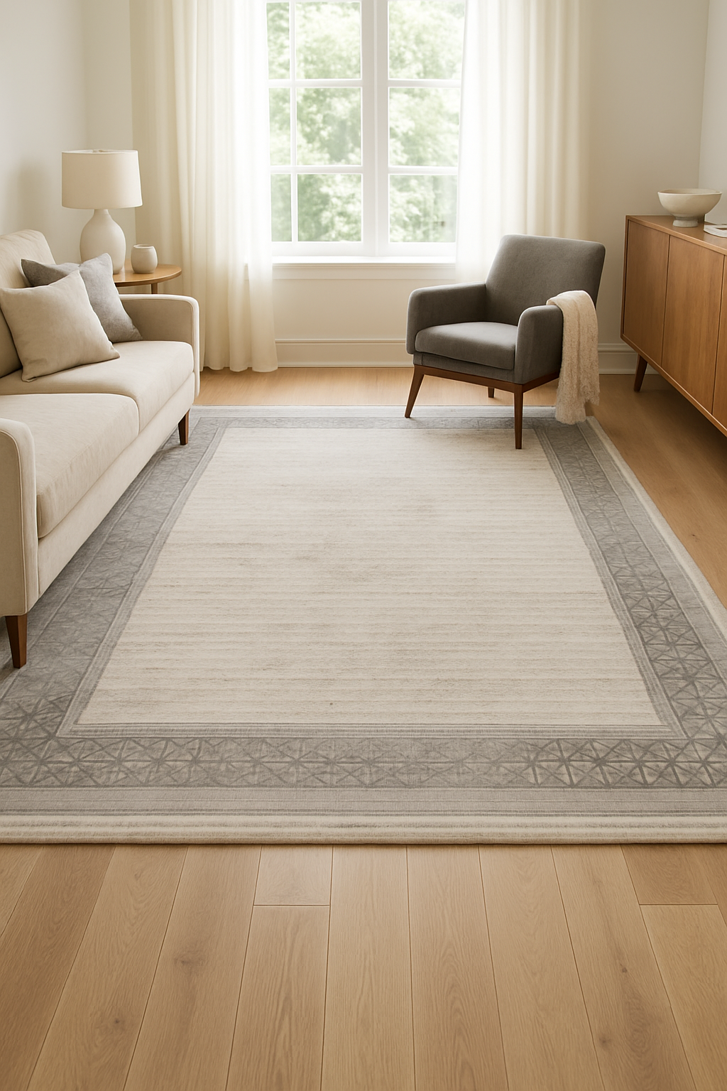 Picasso Duvgrå - Elegant ljusgrå matta med mönstrad ram i subtila nyanser