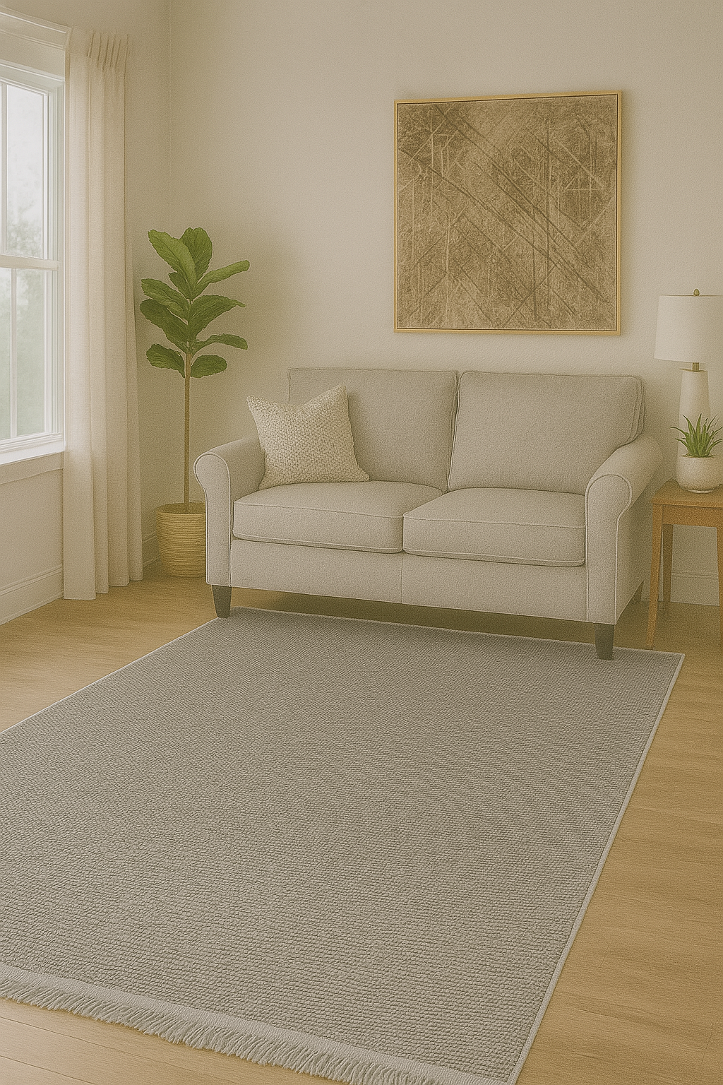 Selanik Aura – Stilren Handvävd Matta i Grå Ton med Franskant och Naturlig Känsla