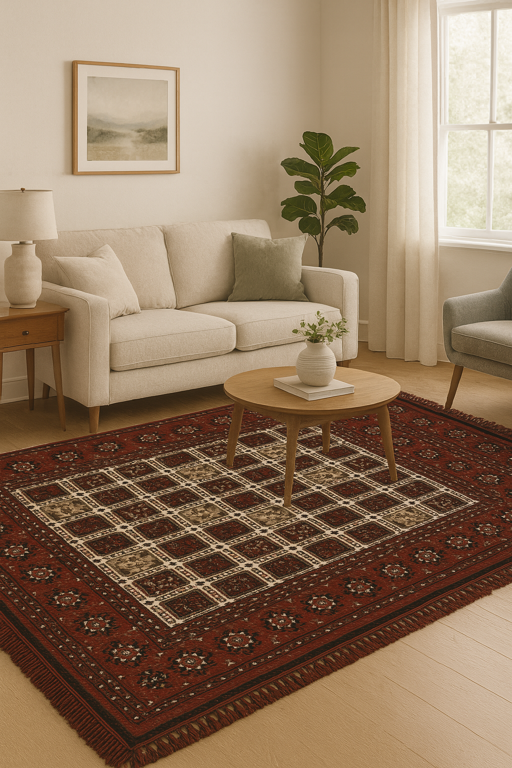 Türkmen Rubinia – Praktisk Matta med Klassiska Orientaliska Rutor